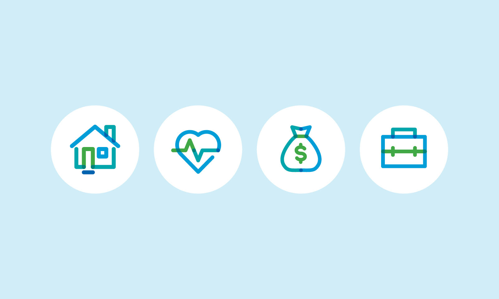 House, heartbeat, money sack and briefcase icons.
