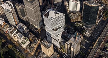 Overhead photo showing the top of Quay Quarter Tower building