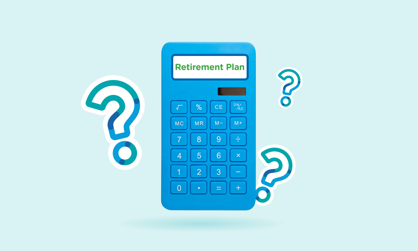 A blue calculator displaying the word 'retirement'.