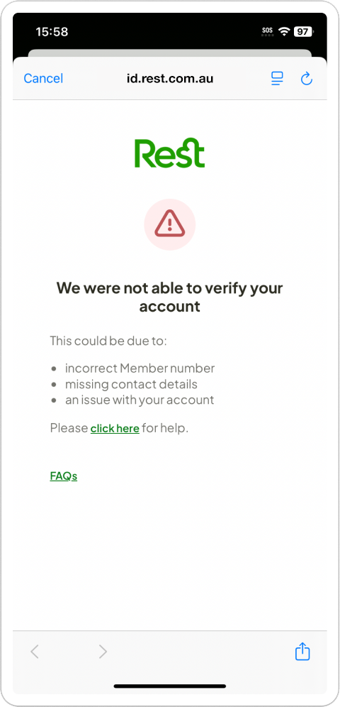 App screen displaying that account cannot be verified.