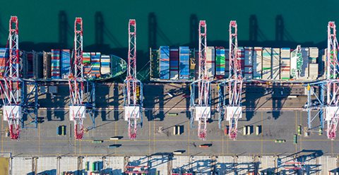 Overhead view of a shipping terminal with crates