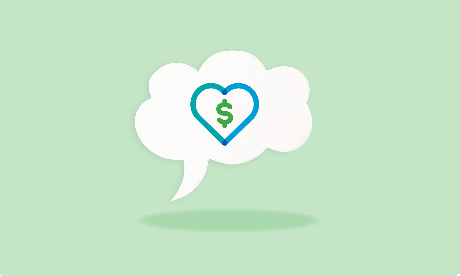 A dollar symbol within a heart that's within a cloud-shaped speech bubble