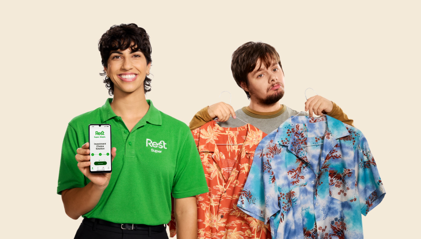 rest rep with man holding colourful shirts