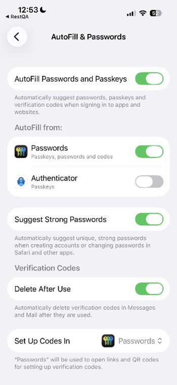 AutoFill and Passwords screen on iOS