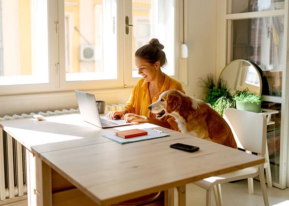 woman with dog looking at laptop