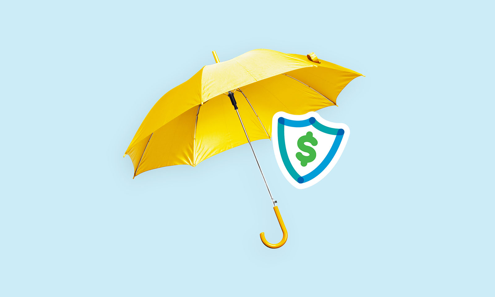 Yellow umbrella and a shield icon with a dollar symbol