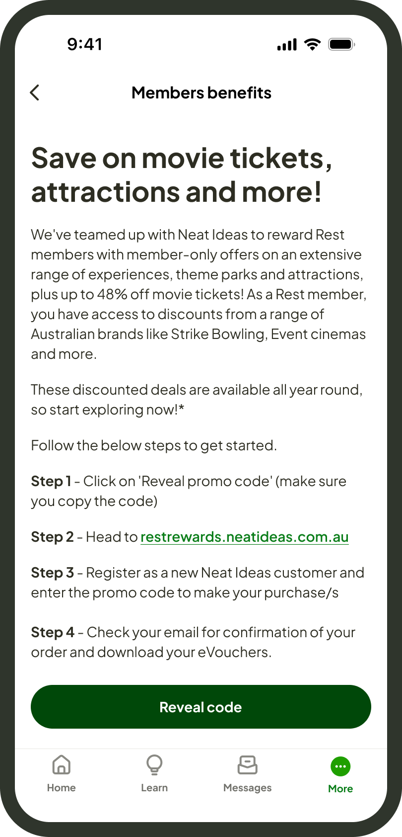 A phone showing a Rest rewards description and how to redeem it