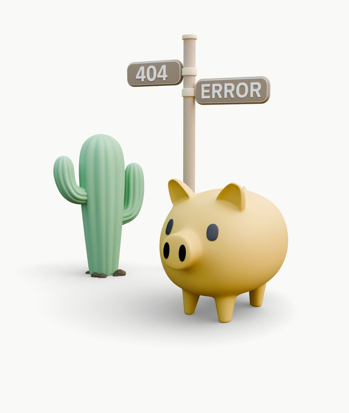 A piggy bank lost in the desert beside a sign showing a 404 error