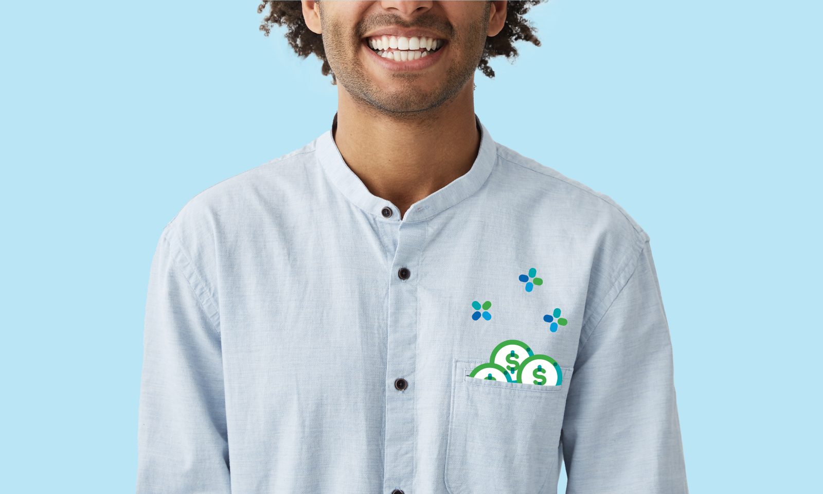 A smiling man with coins in his front shirt pocket