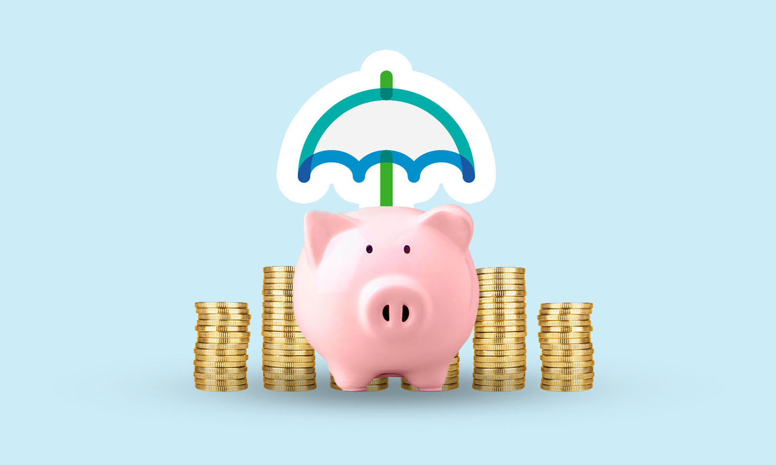 A piggy bank surrounded by coins sits under an umbrella