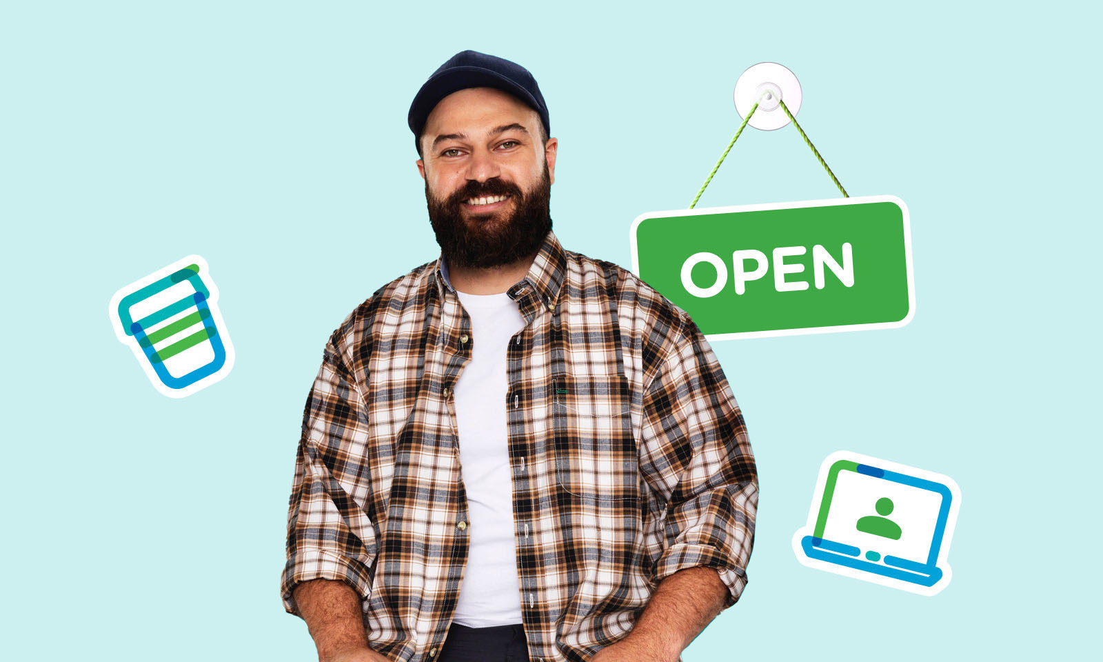 Rest member in a teal background with the open business sign 