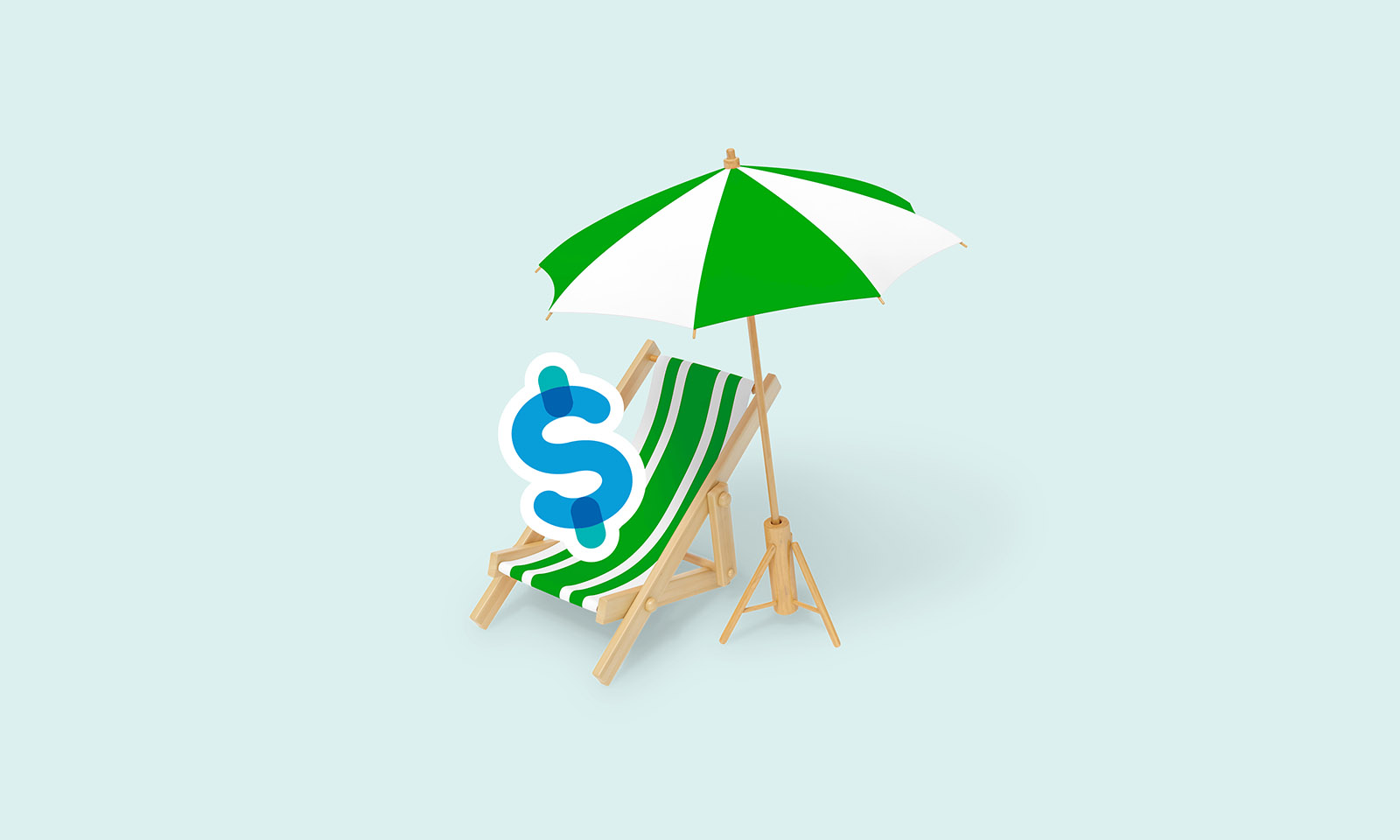 A blue dollar symbol on a green and white beach umbrella